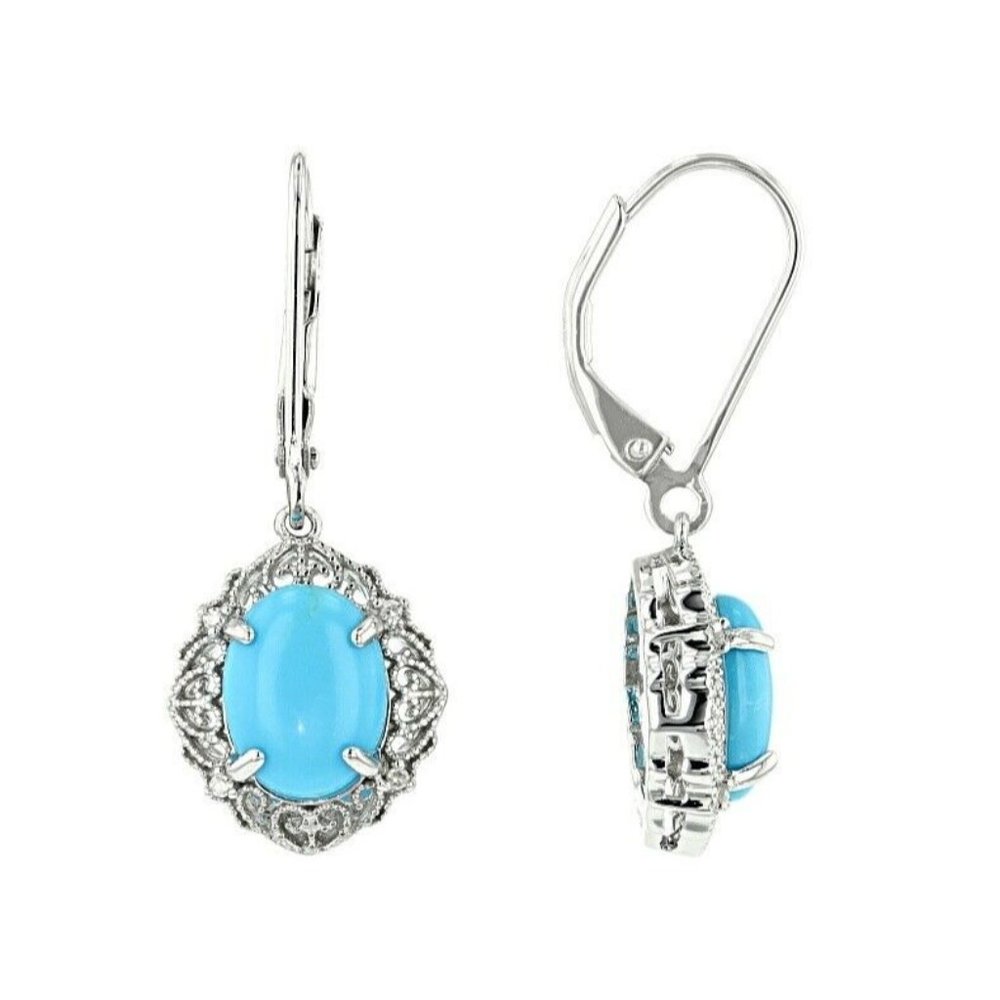 Blue turquoise rhodium over silver earrings .03ctw